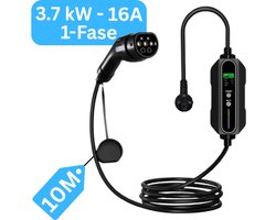Mobiele Thuislader type 2 vanaf stopcontact - 10 meter - 3,7 kW - IP67 Waterdicht - 6A/8A/10A/13A/16A - 1 Fase - TPU kabel - Uitgesteld laden functie / Timer functie / Memory functie | 2 jaar garantie | Mobiele lader type 2 naar schuko