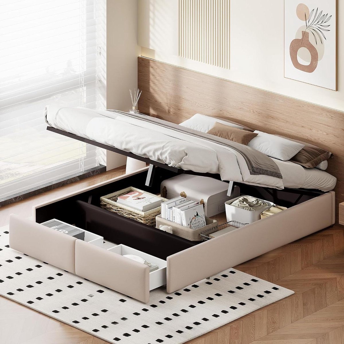 Gestoffeerd Bed - Opbergbed - Ruimte Besparen - Hydraulische Opslag - 140x200 cm - Beige
