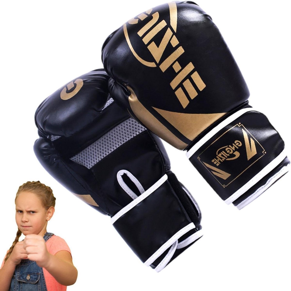 Bokshandschoenen Kinderen - Vechthandschoenen Bokszak - Kickboksen Training - Schokabsorberende Polssteun - 175/220 gram - Zwart