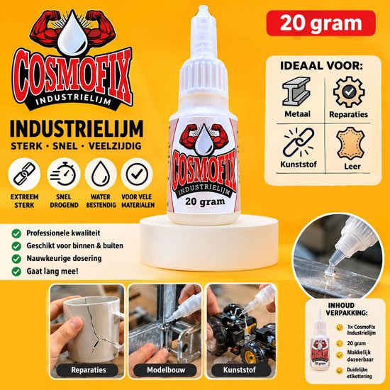 Colle industrielle Cosmofix, colle instantanée transparente 20 grammes avec bouchon doseur 3 positions pratiques