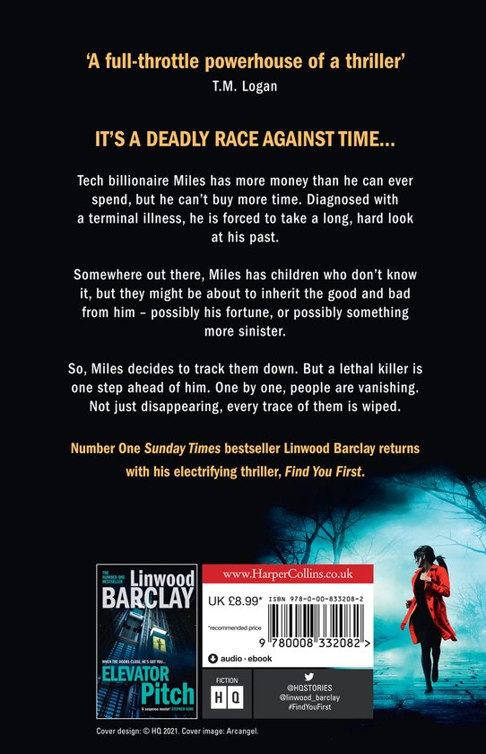 Achterkant van Linwood Barclay's 'Find You First' met tekst en een vrouw in rode jas.