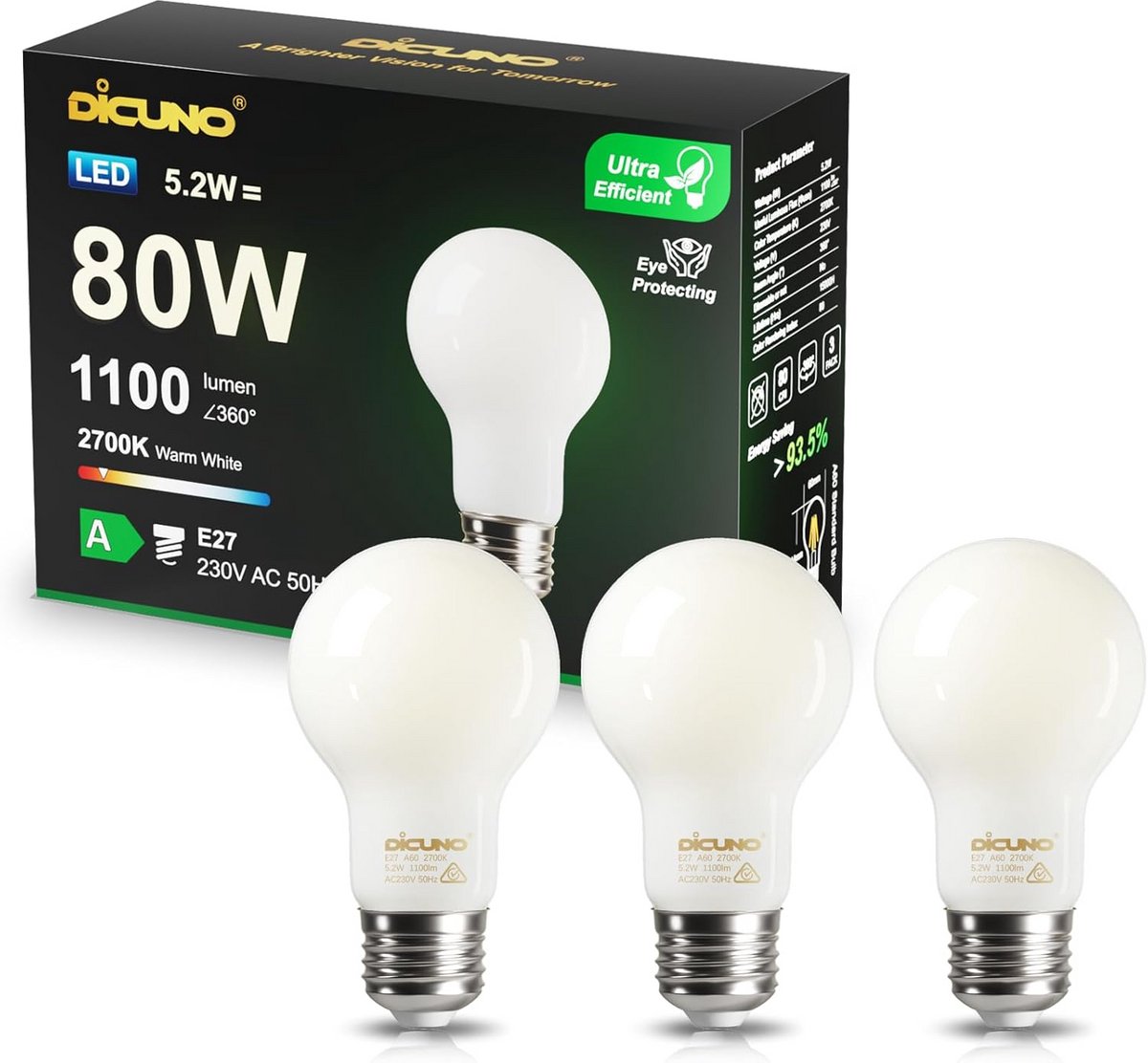 Set van 3 E27 LED Lampen 80W Equivalent Warm Wit Licht Energiebesparend