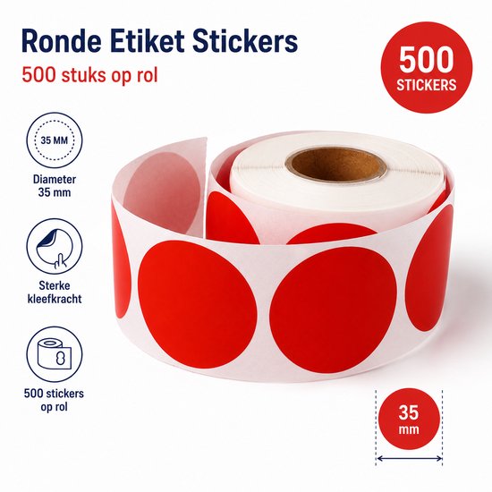 Rol met 500 ronde rode stickers van 35mm doorsnee. Sterke kleefkracht. Dappaz.