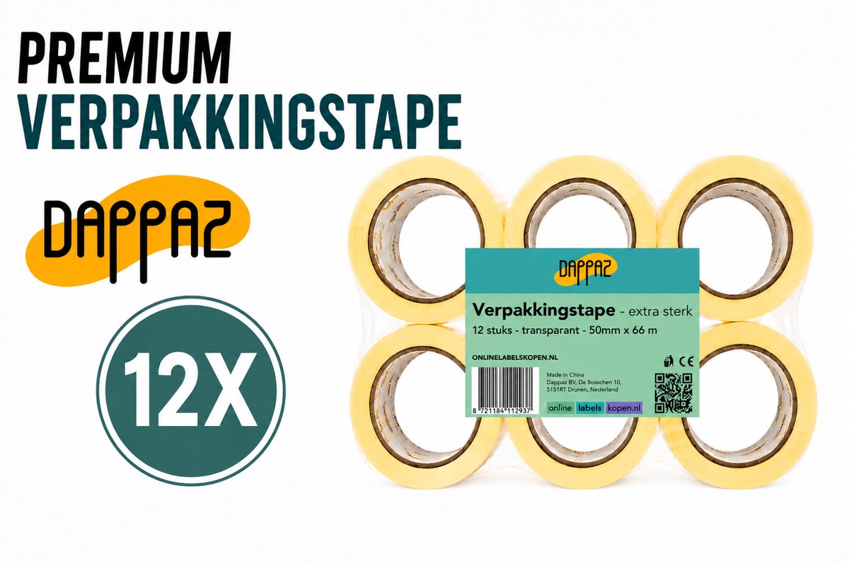 Verpakkingstape Transparant 12 stuks - Dozen Tape Extra Sterk Plakband OPP met Hoge Kleefkracht Dikte 65 µm 50mm x 66m - Dappaz