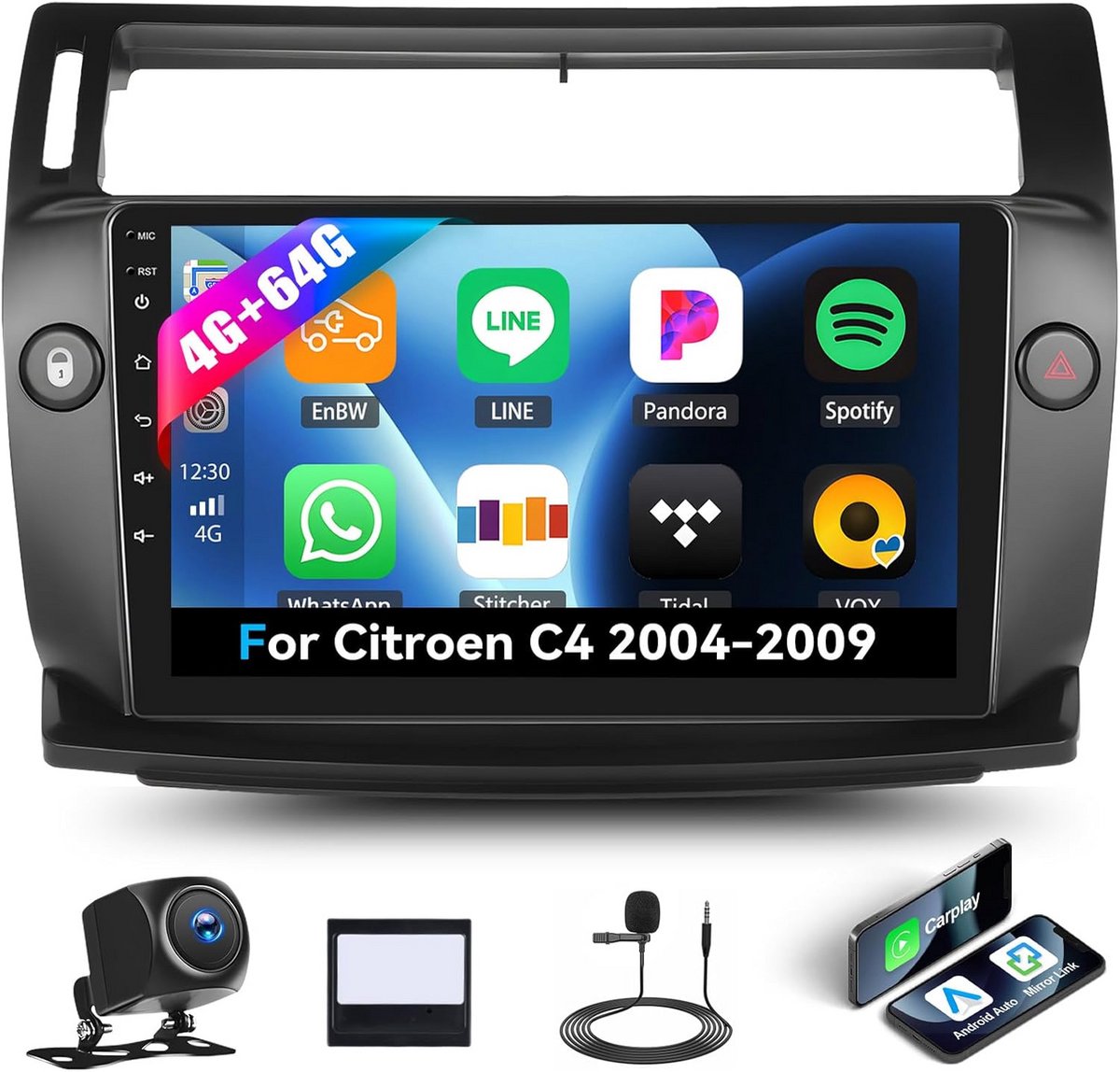 9-inch 2Din Autoradio voor Citroën C4 (2004-2009) met GPS, Draadloze CarPlay, Android Auto en Achteruitrijcamera