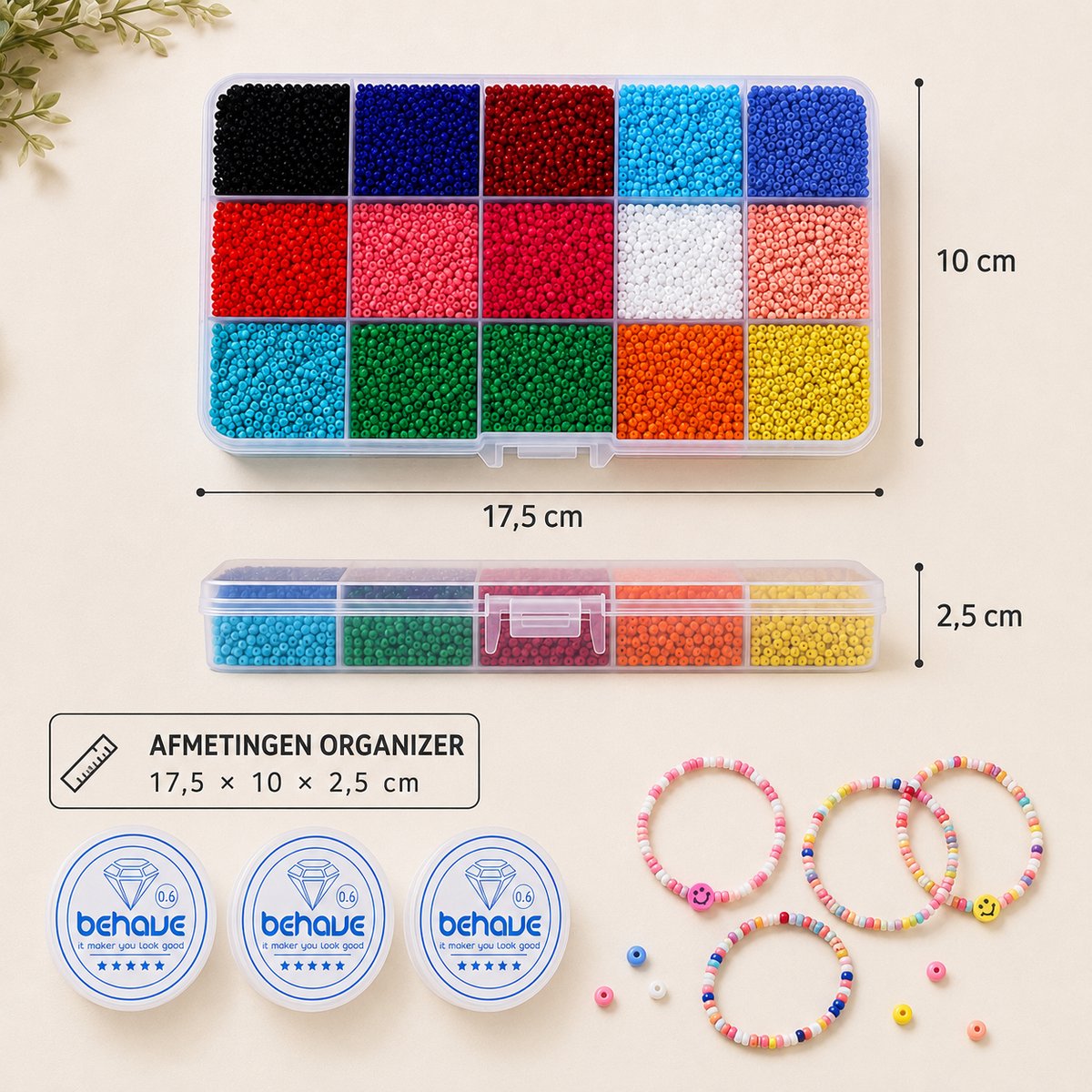 Behave Smiley Kralen Set — 8.150 Kralen — Glaskralen 3 mm + Smiley Letterkralen 7×4 mm + Rijgdraad — 15 Kleuren — afbeelding 14