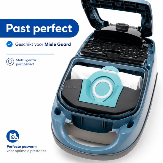 Stofzuigerzak geplaatst in een blauwe stofzuiger, compatibel met Miele Guard.