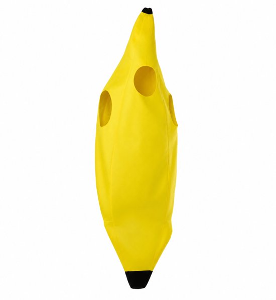 Geel bananen kostuum voor volwassenen, op witte achtergrond, met zwarte uiteinden en openingen voor armen en hoofd.