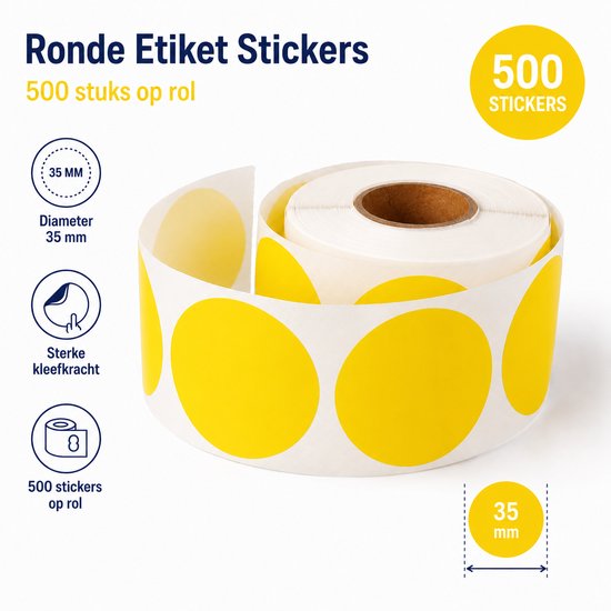 Rouleau de 500 étiquettes rondes jaunes, diamètre 35mm. 'Ronde Etiket Stickers 500 stuks op rol', 'Diameter 35 mm', 'Sterke kleefkracht', '500 stickers op rol'.