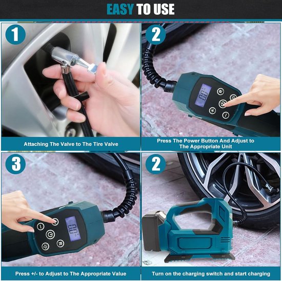 Draagbare Compressor met 4000mAh Accu en Oplader - Elektrische Luchtpumpe met LED-Verlichting - Digitale Manometer voor Auto's, Motoren, Fietsen, Ballen — afbeelding 5
