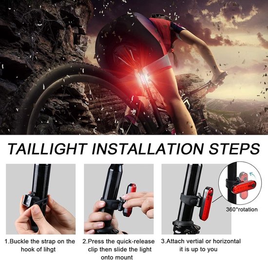 Set van 2 oplaadbare LED-fietsachterlichten, achterlichten voor het fietsen, veiligheidsverlichting voor 's nachts, waterdichte heldere waarschuwingsknipperlichten, mountainbikeverlichting - rood licht — afbeelding 3