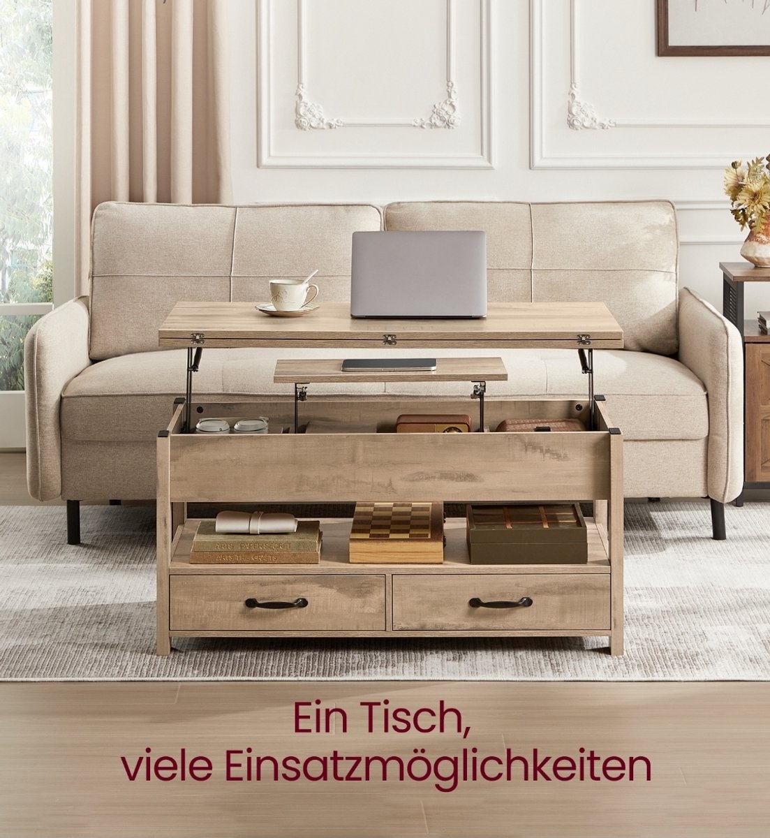 FurnStar Salontafel - In Hoogte Verstelbare Woonkamertafel - Koffietafel - Open En Verborgen Opbergruimte - 50 X 100 X (49-64) Cm - Camel Bruin