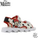 Crème sandalen met rode randen en een print van Minnie Mouse met stippen. Verlichting in de zool.