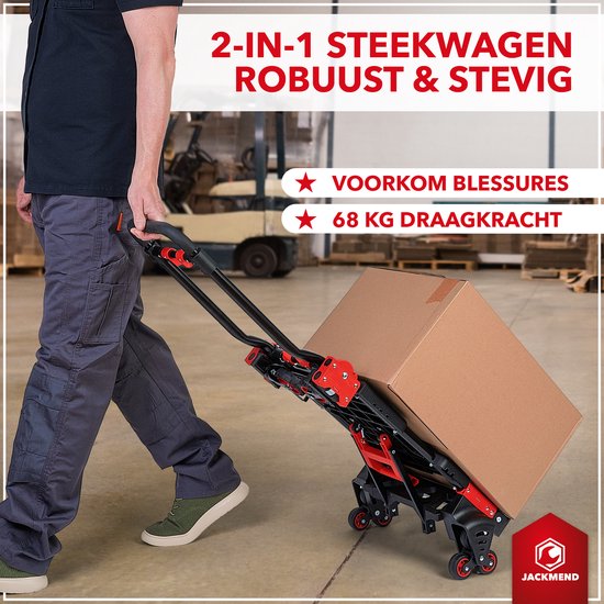 Man duwt een JACKMEND steekwagen met doos, met tekst '2-IN-1 STEekwAGEN ROBUUST & STEIG'.