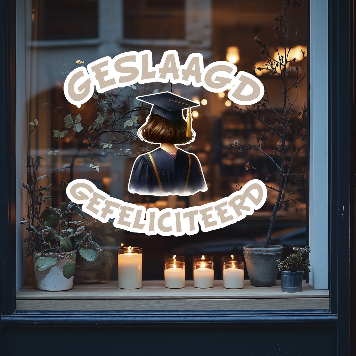 Geslaagd Raamsticker- bruin haar korter model- gefeliciteerd geslaagd- geslaagd cadeau- einde schooljaar-examens gehaald.