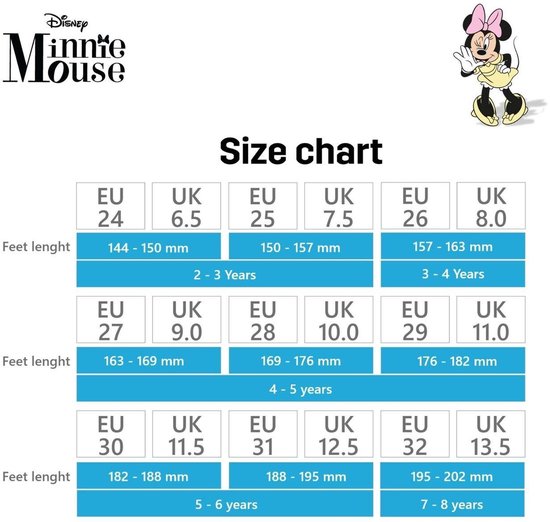 Maattabel voor Disney Minnie Mouse schoenen, maten van EU 24 tot 32.