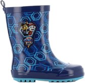 Donkerblauwe regenlaars met hexagonale print en Paw Patrol logo.