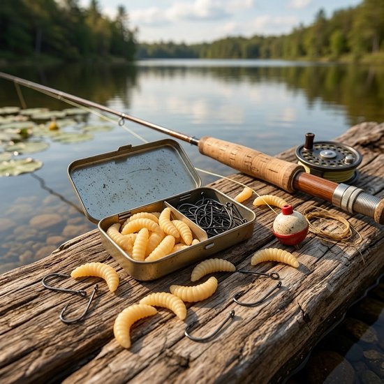 Beige vis aas kunstaas set unisex rubber maden vishaas met vis haken zachte imitatie wormen voor forel crappie panvis en zoetwater vissen 55 stuks — afbeelding 3