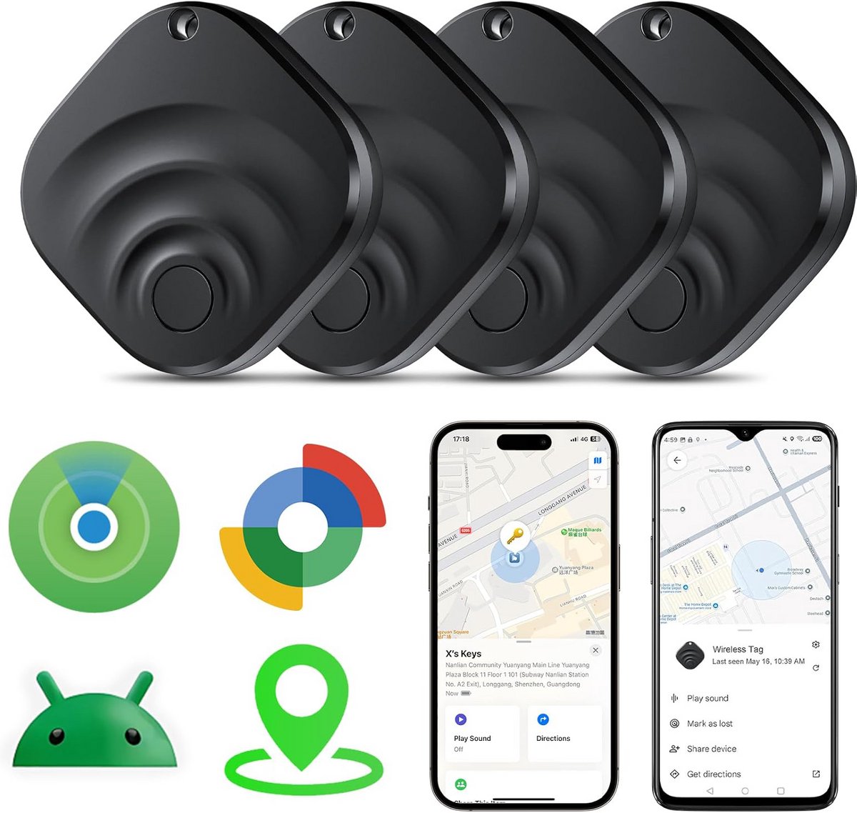 Rayofi Air Tag-Bluetooth Tracker & KeyFinder - Werkt met Apple Find My & Android Find My Device - Tracker Apple iPhone & Android - 4 Pack- Sleutelvinder/Keyfinder - Koffer - Bagage - Fiets, Fatbike, Scooter, Auto, Fiets, Kat & Kind - Zwart