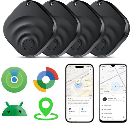 Vier zwarte vierkante trackers, naast Android- en Google-logo's en twee iPhones met kaartweergave.