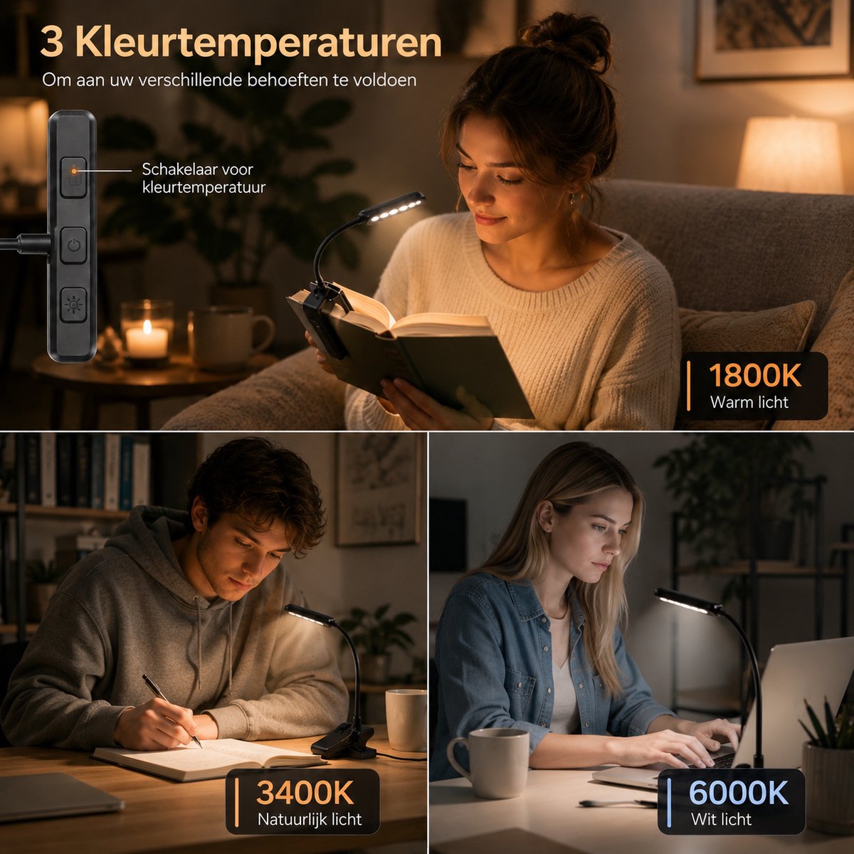 Sounix LED Leeslampje voor Boek met Klem - 315° draaibaar Leeslamp - 24 LED - Boeklampje met 3 Lichtstanden - Oplaadbare boeklamp USB - Dimbaar - Zwart — cadeau in Gadgets - foto 5