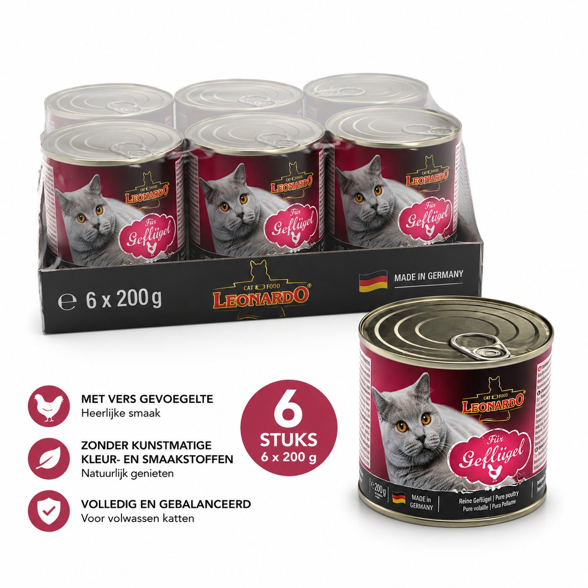 Leonardo Puur Gevogelte 6 x 200 gram Katten Voeding Natvoer