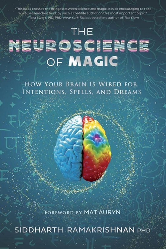 Livre "The Neuroscience of Magic" avec une image de cerveau, partiellement bleu et multicolore, entouré de cercles dorés et de symboles.