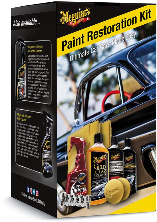 Verpakking van Meguiar's Paint Restoration Kit, met een glimmende auto en producten zoals shampoo, compound en wax.