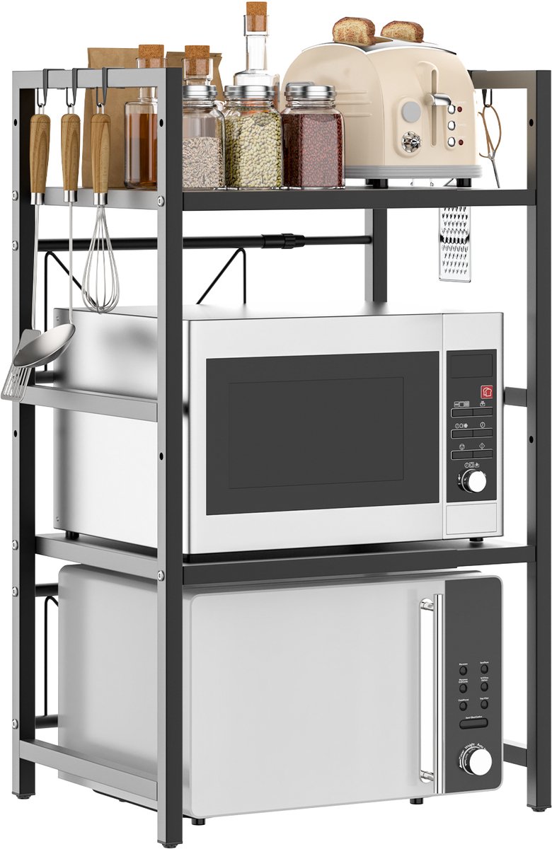 DIMICO - Keukenrek Uitschuifbaar - Keukenkast Organizer - Keuken Opbergsysteem - Zwart - Multifunctioneel Magnetron Rek - 3-laags -