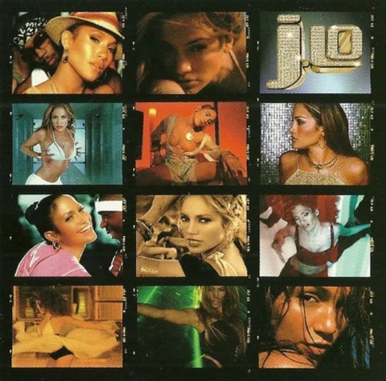 Collage van 12 foto's van Jennifer Lopez in verschillende outfits en poses, met het "JLO" logo.