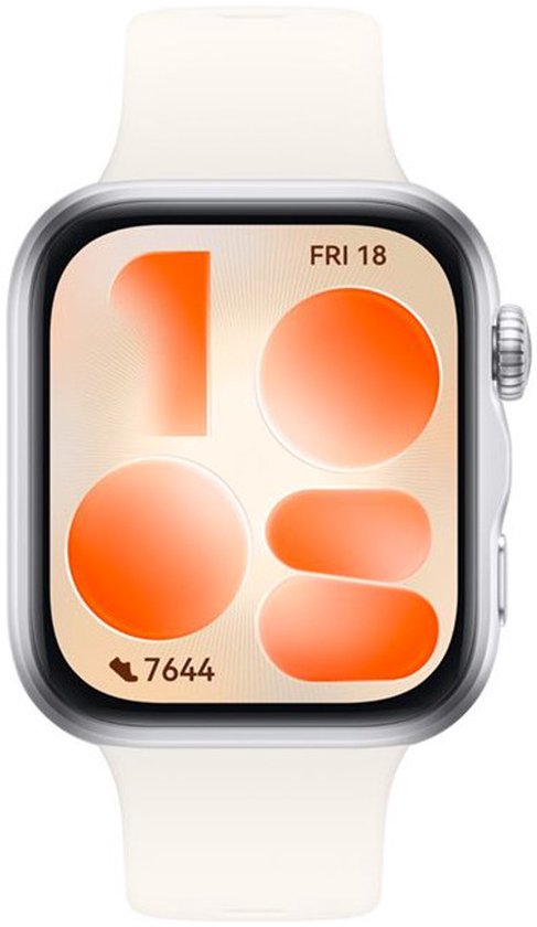 Wit smartwatch met zilverkleurige behuizing, vierkant scherm met FRI 18 en 7644.