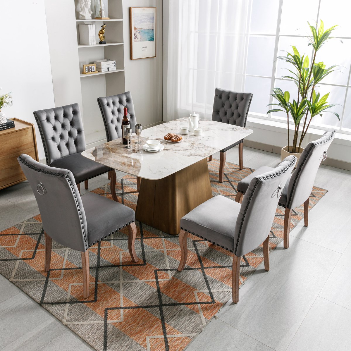 Welltin Eetkamerstoelen in Set van 6 - Gestoffeerde stoel, massief houten stoelpoten, Eetkamerstoel Flueel, Eetkamerstoel, Met treklipjes en verstelbare voetjes, Draagvermogen 150KG - Grijs