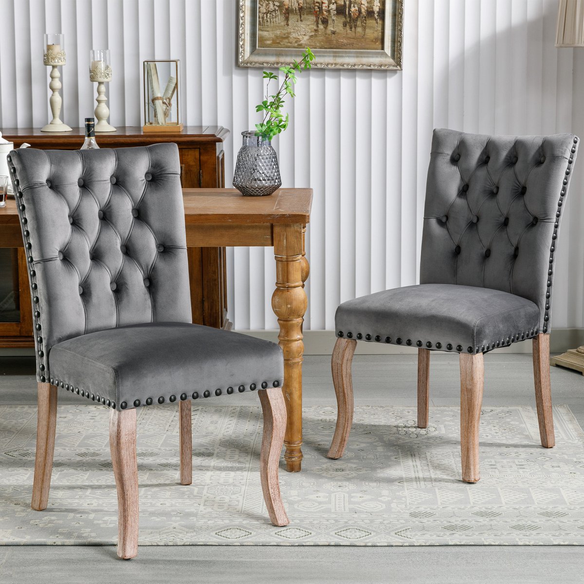 Welltin Eetkamerstoelen in Set van 2 - Gestoffeerde stoel, massief houten stoelpoten, Eetkamerstoel Flueel, Eetkamerstoel, Met treklipjes en verstelbare voetjes, Draagvermogen 150KG - Grijs