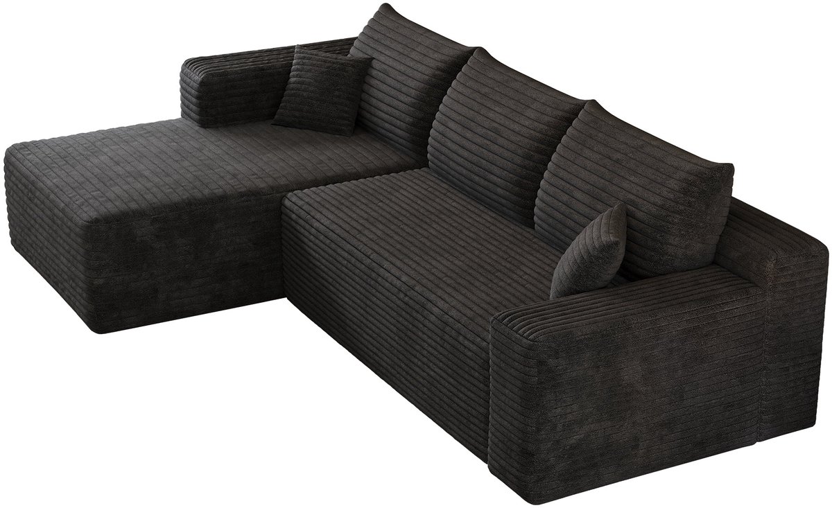 Merax L-Vormige Hoekbank Zwart - 3-Zits Cloud Sofa met Chaise Longue Links - Zachte Ribstof - Geen Montage Nodig - Lounge Bank voor Woonkamer