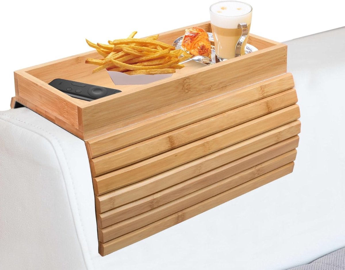 Verstelbare Bamboe Sofa Tablet voor Armleuning, Opvouwbare Opbergcompartiment voor Snacks, Remote en Telefoon, Antislip Design voor Gemak en Comfort