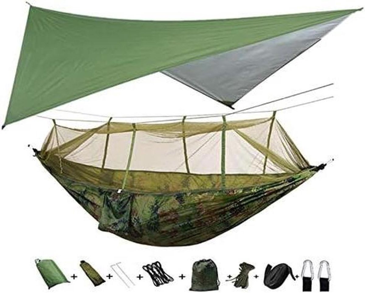 Hangmat met luifel - Kampeerhangmat Buiten - Ontspannen in de natuur - Inclusief klamboe - 260 x 140 cm