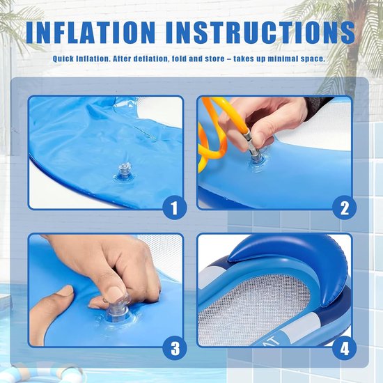 Waterhangmat - Opblaasbaar luchtbed - Ontspannen op water - Geïntegreerd net - 150 x 70 cm - Blauw — afbeelding 3