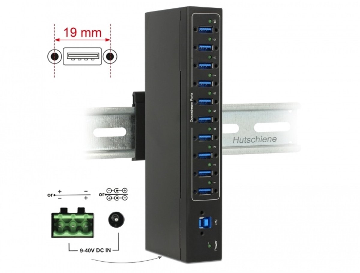 Externe industriehub 10 x USB 3.0 Type-A met 20 kV ESD-bescherming