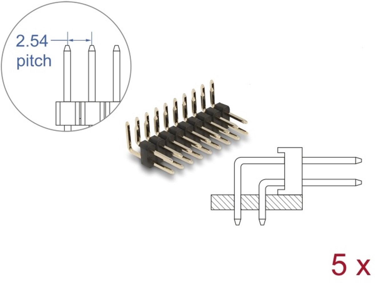 Delock Pin header 10 pin, pitch 2.54 mm, 2-row, angled, 5 pieces