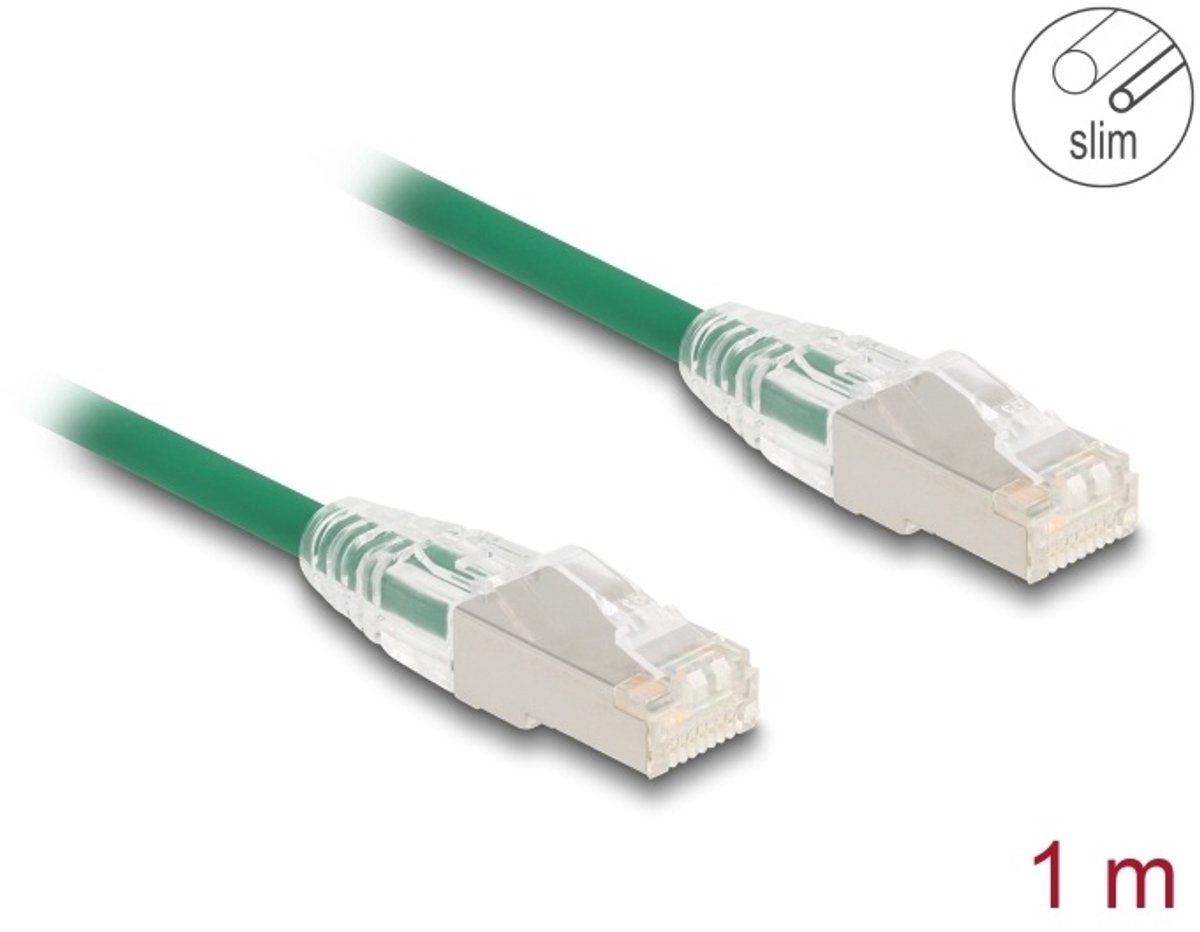 Delock RJ45 Network Cable Cat.6A plug to plug with curved latch U/FTP Slim 1 m green