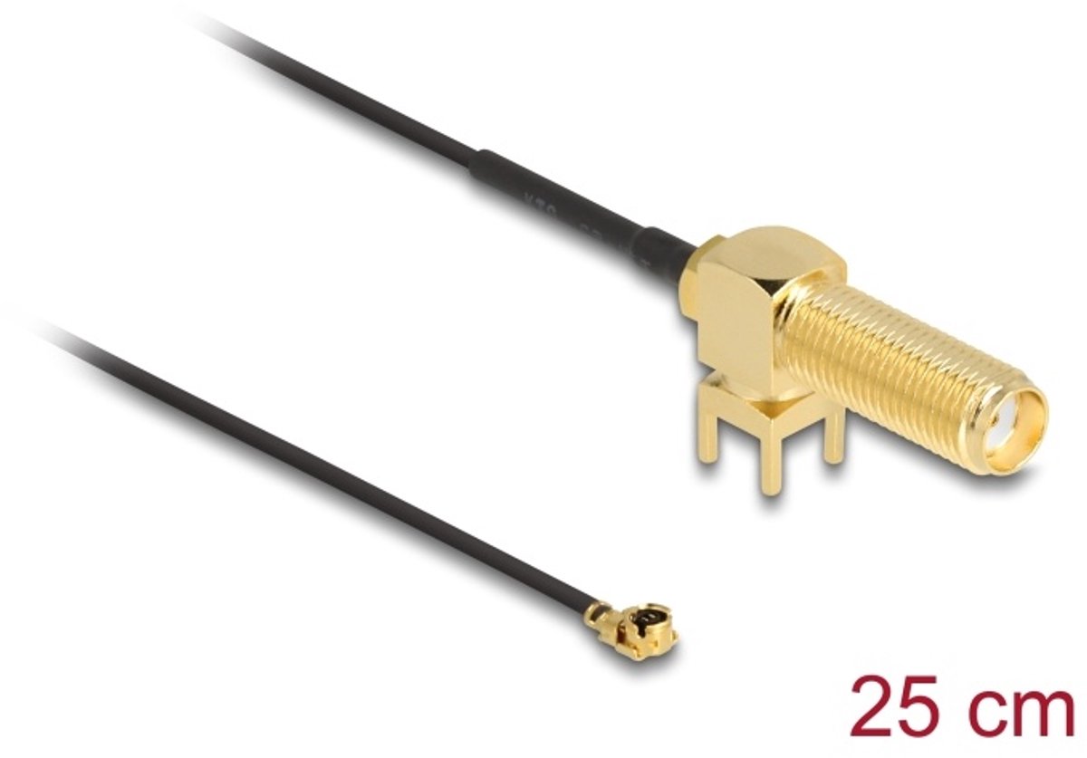 Image of Delock Antenna Cable SMA 90° PCB jack bulkhead to I-PEX Inc., MHF® I plug 1.13 25 cm thread length 15 mm