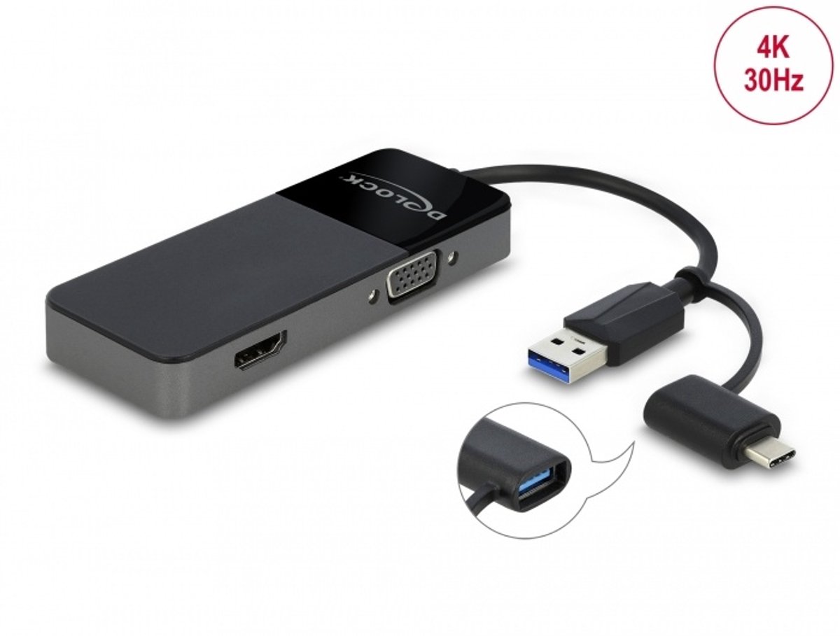 USB 3.2 Gen 1 -adapter tot 4K HDMI + VGA met splitterfunctie