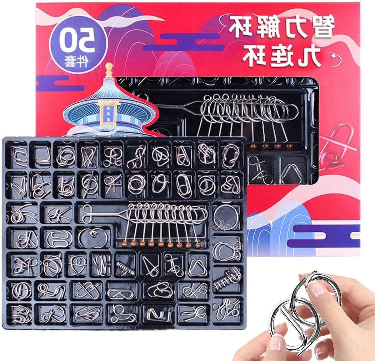 Metalen Puzzels - Denksport Taken - Hersenen Trainen - 50 Delige Set - 40 x 30 x 4 cm - Meerkleurig