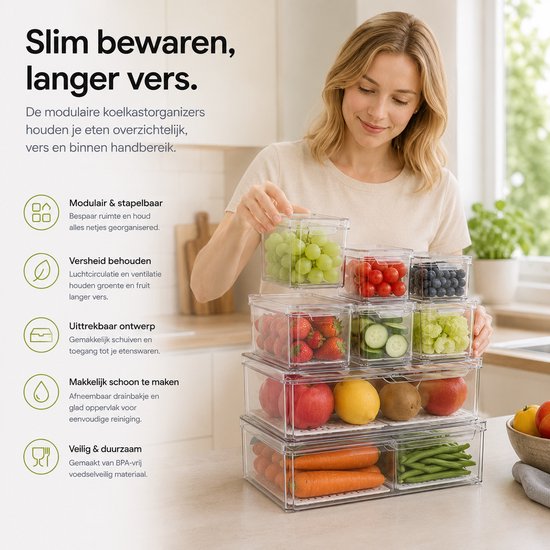 Een vrouw pakt een BOTC organizer met druiven uit een stapel transparante keuken organizers gevuld met fruit.