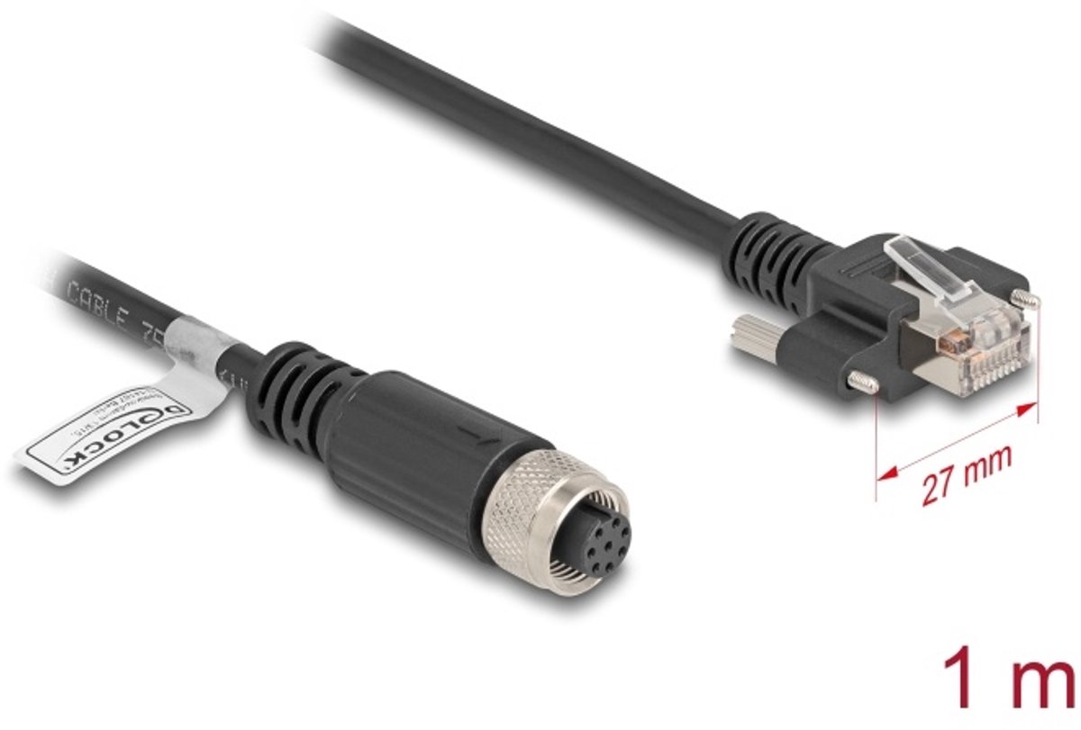 Delock M12 Cable A-coded 8 pin female to RJ45 plug with screws Cat.5e FTP 1 m black