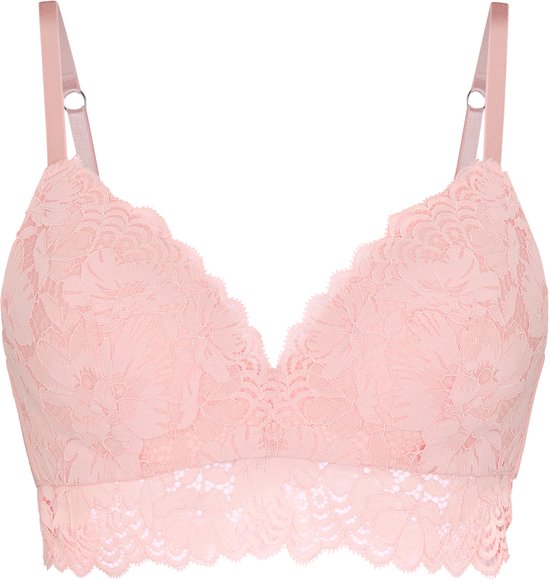 Roze lange kanten bh met V-hals en geschulpte rand.