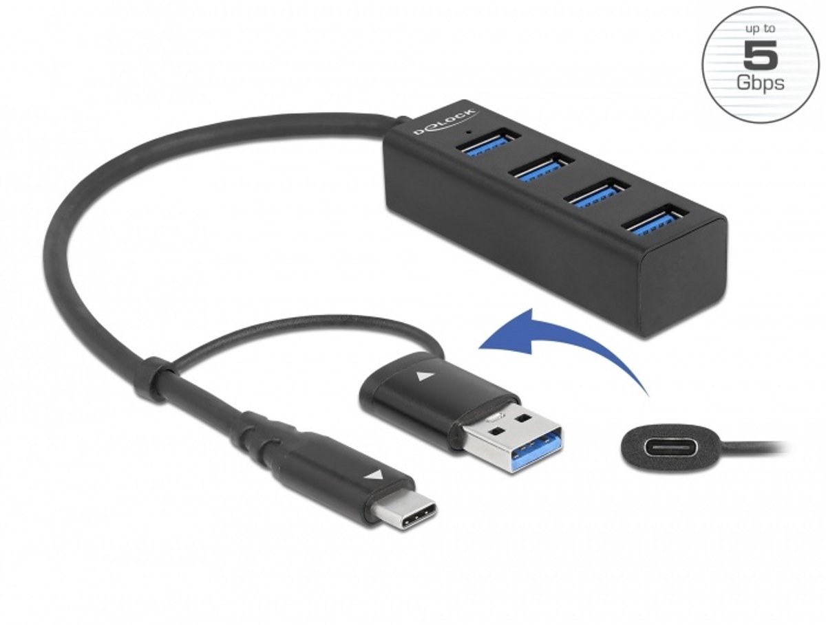 4 Poort USB 5 Gbps Hub met USB Type-C of USB Type-A-connector