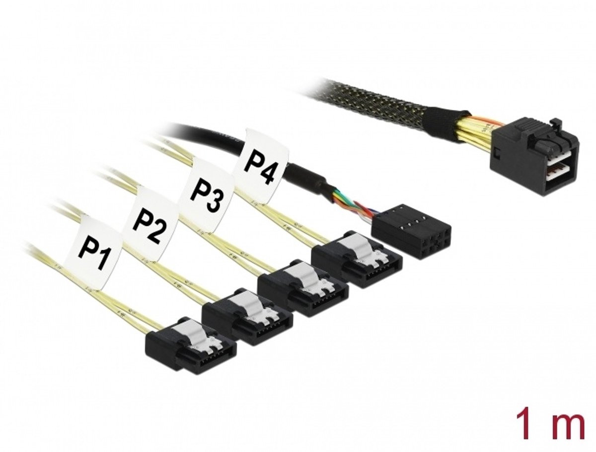 Kabel Mini SAS HD SFF-8643> 4 X SATA 7 PIN + Sideband 1 M Metall