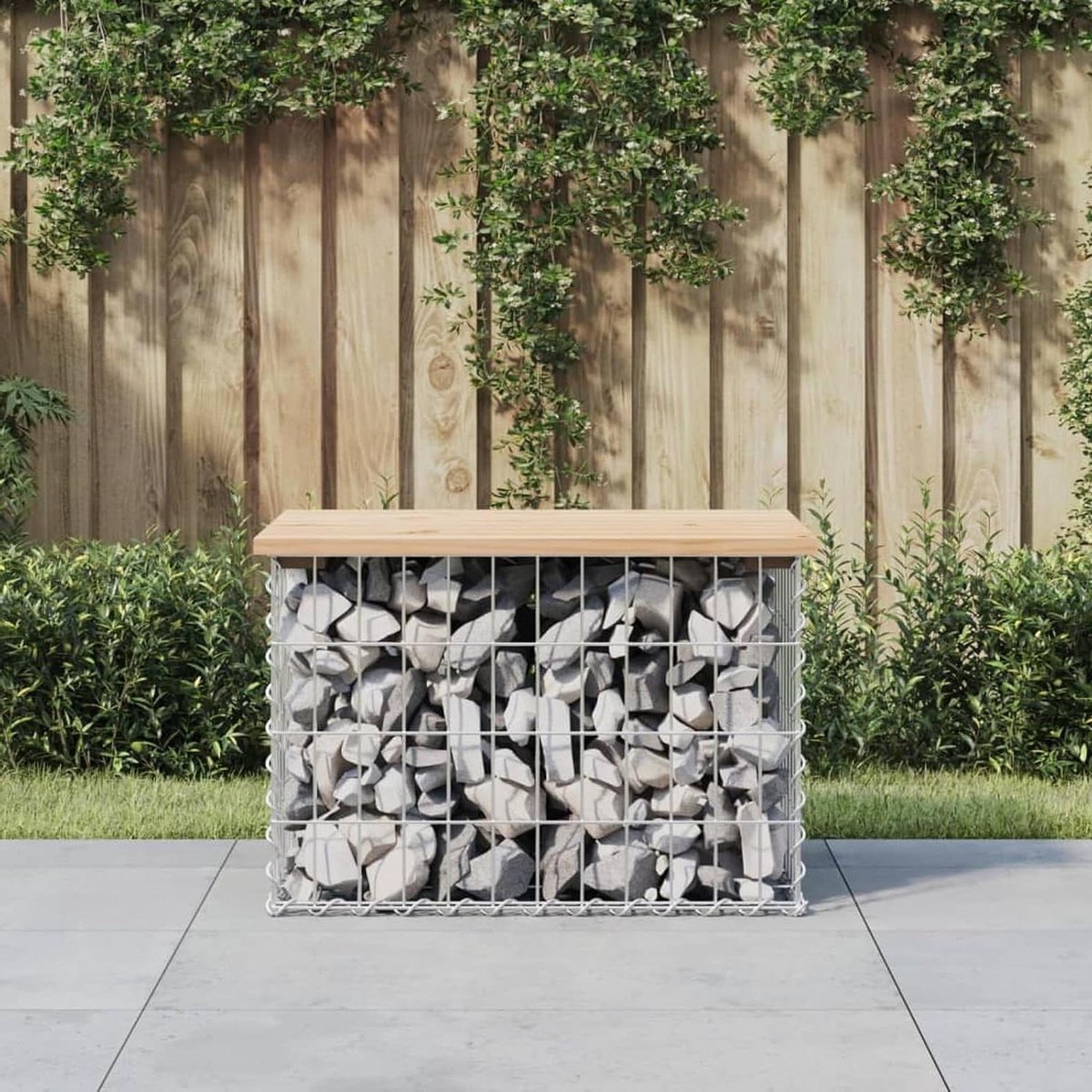 Tuinbank Gabion - Stenen Mand - Buiten Zitten - Massief Hout - 63x44x42cm - Natuurlijk