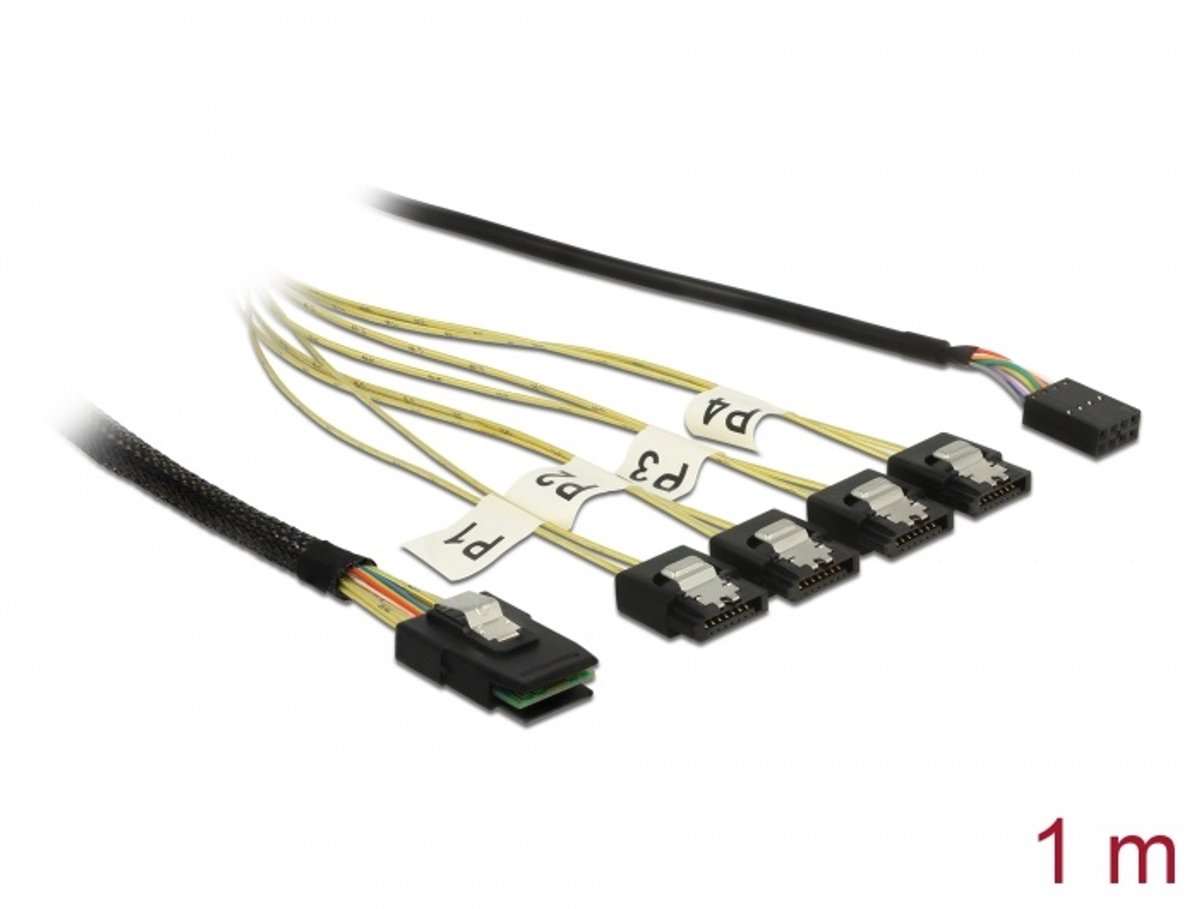 Delock Cable Mini SAS SFF-8087 > 4 x SATA 7 pin + Sideband 1 m metal
